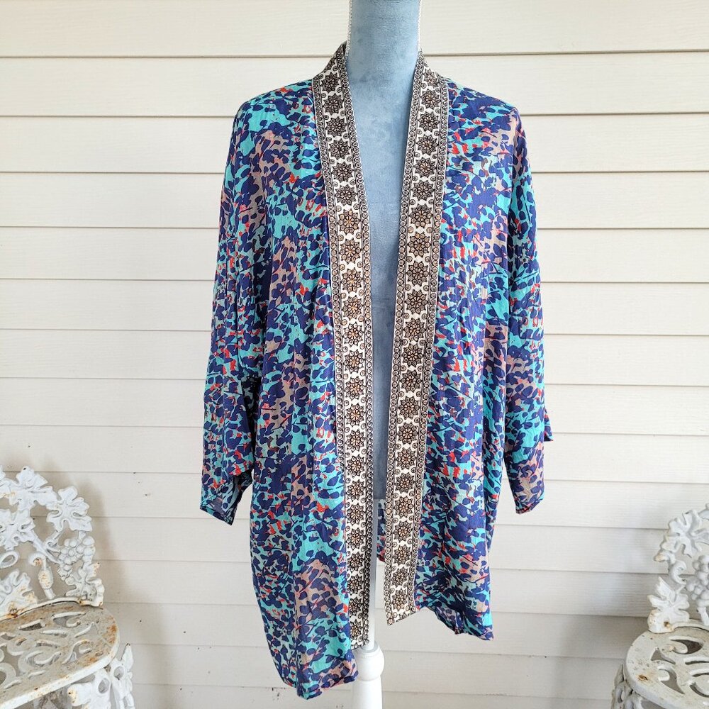 Soft Surroundings shades of blue open front duster jacket / kimono with sequins
